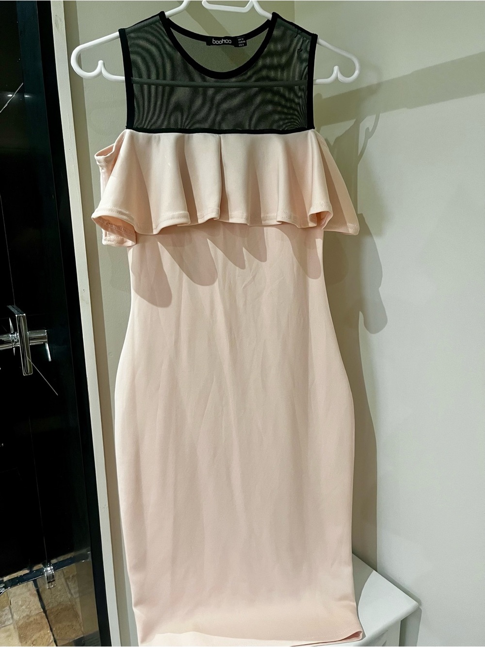 Boohoo Blush Cream Midi Dress with Black Mesh Yoke